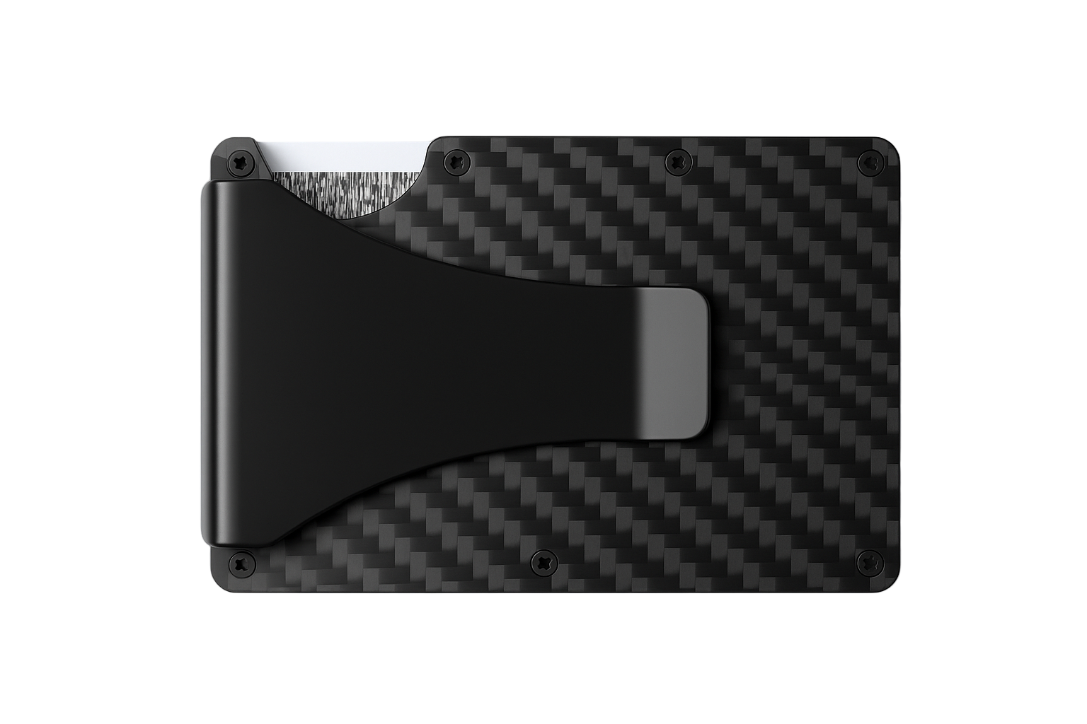 Black carbon fiber wallet with money clip on a white background