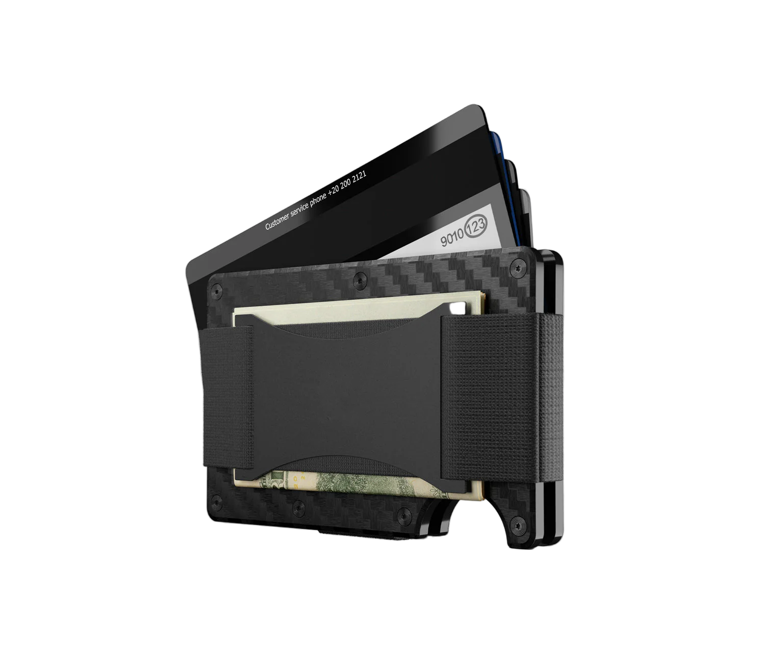 Black carbon fiber wallet with money clip on a white background