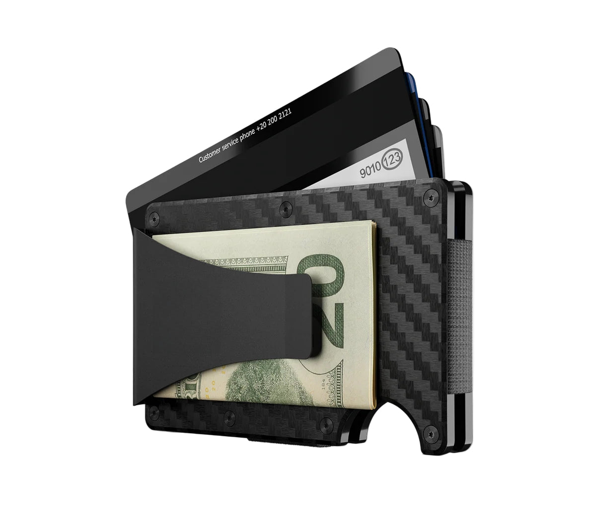 Carbon fiber wallet with money and cards on a white background